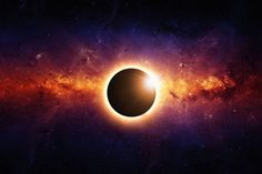 an eclipse is seen in the sky with stars and space around it, as well as a black hole