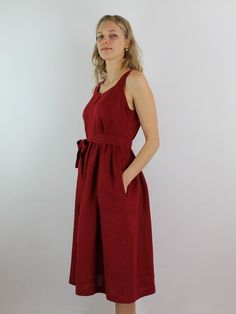 "Spring dress. Write the selected color in the message Elegant maroon linen dress with 2 pockets , maxi long, perfect for casual wear Details: - 100% natural linen produced in Europe ; - medium weight (180 gram per square meter); - color: maroon, could be any from our colors catalog (color samples at the photo); Made to order, approximately a few days, If you have any questions please message me and I will be glad to answer. Size guide : Size XS Bust: fits bust around 33\"-34\"/ 84-88 cm Waist: Linen Sundress Midi With Pockets, Linen Sundress Midi Dress With Pockets, Red Linen Maxi Dress For Summer, Linen Maxi Dress With Pockets, Summer Red Maxi Dress With Pockets, Linen Sundress Maxi Dress With Pockets, Red Summer Maxi Dress With Pockets, A-line Linen Sundress For Day Out, Spring Linen V-neck Dress In Solid Color