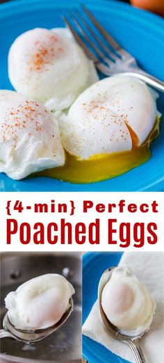 four different pictures of poached eggs on a blue plate