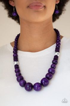 Infused with dramatic silver beads, an array of vivacious purple wooden beads drape across the chest for a summery look. Features a button-loop closure. Sold as one individual necklace. Includes one pair of matching earrings. Purple Necklace, Wood Necklace, Paparazzi Accessories, Statement Necklaces, Paparazzi Jewelry, Silver Accents, Necklace Earring Set, Matching Earrings, Wooden Beads