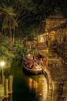 a boat traveling down a river next to a lush green forest