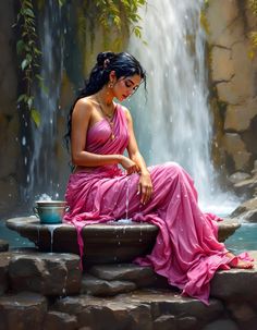 a painting of a woman sitting in front of a waterfall