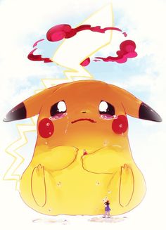 a pikachu is sitting in front of a blue sky with clouds and lightning