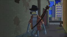 a cartoon character holding a guitar in an alley