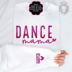 Dance Mama long sleeve tees, sweatshirts & hoodies with player name and heart on the sleeve. by KASPDesign on Etsy Dance Shirts Ideas, Craft Nights, Dance Things, Cheer Team Gifts, Dance Mom Shirts, Cheer Coach, Drill Team, Team Sweatshirts, Knit Scarves