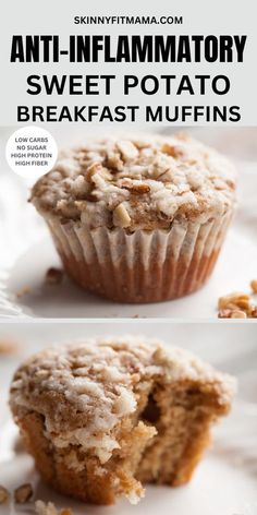 a muffin on a white plate with the words, anti - inflamatory sweet potato breakfast muffins