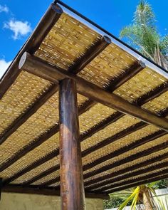 an outdoor covered area with palm trees and blue sky in the backgrouds