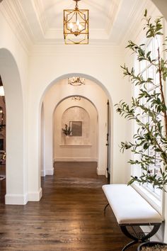 an archway leading to a living room with a bench and potted plant in it