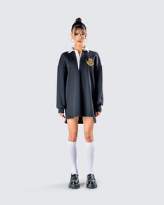 This fit's for our baddies who like to teach them a lesson 😜 Crafted from french terry shelf fabric and complete with a cotton shirting contrast collar, an inside button placket, and embroidery on the left chest - this black rugby polo dress will make sure they are all taking notes 💙 Polo Outfit, Rugby Polo, Black Off Shoulder, Taking Notes, Contrast Collar, White Jersey, Cargo Pant, Pocket Pants, Polo Dress