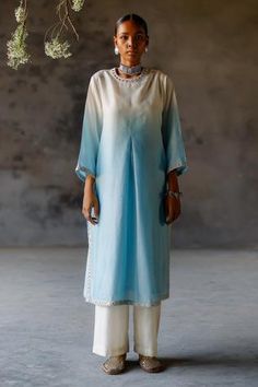 Shop for Shikha Mehta Blue Angahi Silk Chanderi Kurta And Pyjama Set for Women Online at Aza Fashions Shaded Kurta Designs Women, Tunic Sets For Women, Ombre Clothes, Indowestern Dress, Simple Kurtis, Kaftan Kurta, Latest Dress Design, Neck Designs For Suits, Indo Western Dress