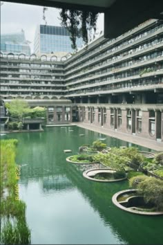 a large building next to a body of water with plants growing in the center and trees on both sides