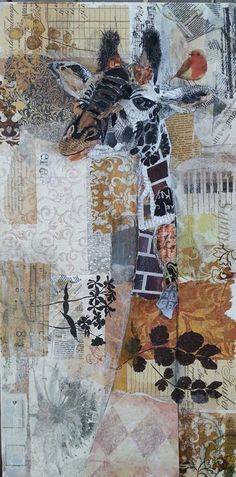 mixed media collage with multiple images of people and animals, including one man on the cross