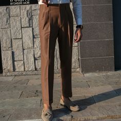 Slim Fit Dress Pants For Fall, Slim Fit Dress Pants With Welt Pockets, Slim Fit Business Pants For Fall, Business Slim Fit Pants For Fall, Fall Business Slim Fit Pants, Fitted Brown Ankle-length Pants, Brown Fitted Ankle-length Pants, Slim Fit Brown Bottoms For Business, Slim Fit Brown Dress Pants With Tapered Leg