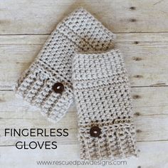 a pair of fingerless gloves with buttons on the side and text overlay that says fingerless gloves crochet pattern