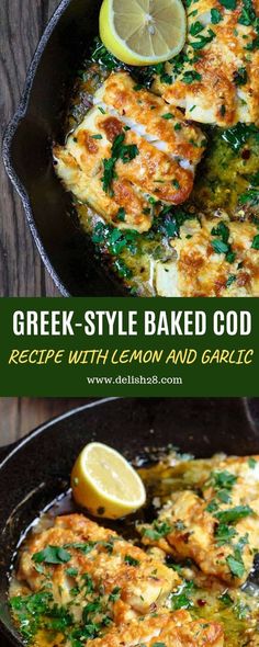 greek style baked food with lemon and garlic in a skillet