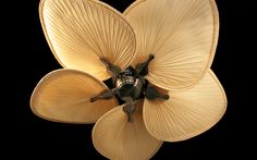 an overhead view of a ceiling fan with two leaves on the center and one flower in the middle