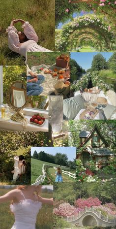 a collage of photos with flowers and people in the background, including a woman wearing a white dress