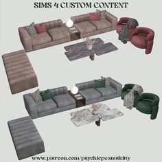 a group of couches and chairs with pillows on them for the sims 4 custom content