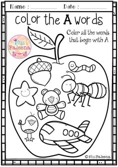 an apple coloring page with the words, color the words and pictures in each letter