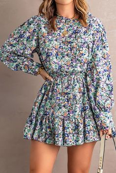 Floral Print Puff Sleeve Ruffled Mini Dress Casual Multicolor Puff Sleeve Dress For Spring, Spring Puff Sleeve Mini Dress With Ruffles, Billowy Ruffled Dress For Fall, Chic Multicolor Puff Sleeve Dress For Spring, Spring Ruched Puff Sleeve Dress With Long Sleeves, Spring Ruched Puff Sleeve Long Sleeve Dress, Spring Puff Sleeve Long Sleeve Dress With Ruched Detail, Spring Long Sleeve Ruched Puff Sleeve Dress, Spring Mini Puff Sleeve Dress With Ruffles