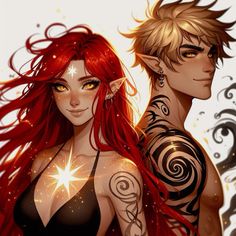 two people with red hair and tattoos standing next to each other