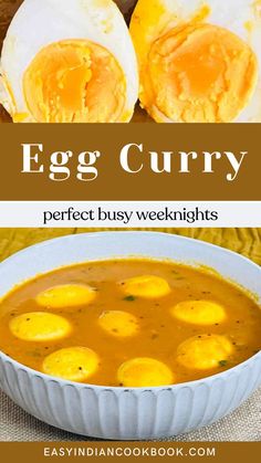 an egg curry in a white bowl with eggs on top and the title overlay