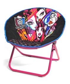 a chair that has some pictures on the back of it and is purple with pink legs