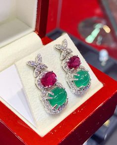 "BRAND-NEW!! ONE OF A KIND, HANDCRAFTED EARRINGS. So Perfect Jewelry proudly presents!! Delicately handcrafted, UNIQUE BOW CABOCHON EMERALD EARRINGS! With gorgeous VIVID PINKISH RED, SPARKLING RUBELLITE. Accented with superb quality, natural diamonds, set in handcrafted 18K solid white gold earrings. Classy and colorful, elegant and charming, with vivacious Green COLOR, HOT PINK, and sparkling diamonds, these earrings sure make a lady feel like a princess! WE OFFER FREE GIFT PACKAGING, CARD WITH Emerald Multi-stone Earrings For Gift, Multi-stone Emerald Earrings For Gift, Emerald Cabochon Earrings For Gift, Emerald Cabochon Earrings As A Gift, Elegant Green Ruby Jewelry, White Gold Cabochon Earrings Gift, Cabochon White Gold Earrings As Gift, Gold Earrings Classy, Packaging Card