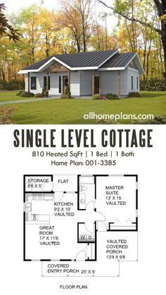 the single level cottage plan is shown in two different colors and sizes, with an open floor