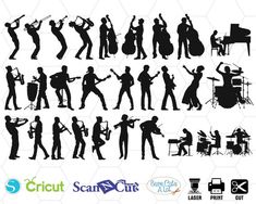 the silhouettes of people playing instruments and singing in different poses, with text below