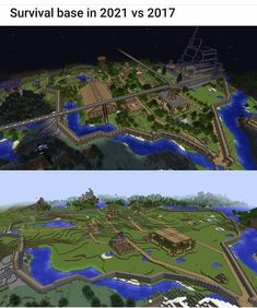 two views of the same area in minecraft, one shows an island and another shows a