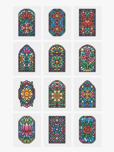 nine stained glass windows with different designs