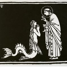 a black and white drawing of a man with a mermaid next to him, in front of a dark background