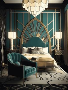 a bedroom with a bed, chair and chandelier