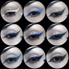 thekatvond New INK LINER shades launching April 7! From left to right: "Neruda" [white], "Nietzche" [sky blue], "Bosch" [olive], "Woolf" [grey], "Nerdrum" [electric blue], "Bukowski" [emerald], "Dali" [turqoise], "Baudelaire" [indigo], "Hemingway" [chocolate] 2015 Makeup, Im A Lady, Eyeliner Styles, Makeup Swatches, Halloween Make Up, April 7, Winged Eyeliner