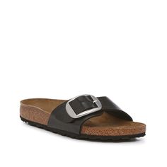 Birkenstock-Madrid Big Buckle Sandal - Women's Upgrade your classic slides with the Madrid Big Buckle sandal from Birkenstock. This pair features a casual silhouette that is elevated by an oversized goldtone buckle and a durable Birko-Flor® upper. Classic Slide Footbed Sandals For Spring, Classic Spring Footbed Sandals With Textured Footbed, Classic Flat Slides With Buckle Closure, Casual Slide Slippers With Buckle Closure, Classic Slides With Buckle Closure For Spring, Classic Flat Adjustable Sandals, Classic Adjustable Slides For Spring, Casual Slide Mules With Buckle Closure, Classic Synthetic Sandals With Buckle Closure