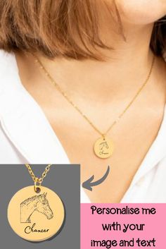 a woman wearing a necklace with a horse on it and the words personalise me with your image and text below