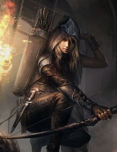 a woman holding a bow and arrow in front of a fire pit with flames coming out of it