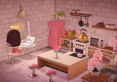 an animated kitchen with pink appliances and white walls