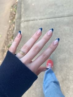 #nails #blue #aesthetic #frech #adidas #rings #darkblue Trendy Nails Acrylic Almond French Tip, Simple Pretty Nails French Tip, Navy Blue Tips Nails French, White Nail With Navy Blue Design, Blue Azul Nails, Blue Nail Inspo Gel, Blue French Tip Nails Almond Shape, Almond Shape Blue French Tip, Dark Blue French Tips Nails