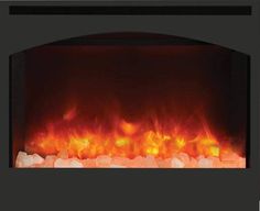 an electric fireplace with fire flames and rocks