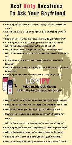 Best Dirty Questions To Ask Your Boyfriend | Click here to Play FREE Couple QUIZZES Conversation With Boyfriend, Dirty Questions To Ask Your Boyfriend, Games To Play With Boyfriend, Spicy Questions To Ask Your Boyfriend, How To Be Flirty, Dirty Questions To Ask, Fun Couples Quiz, Dirty Questions, Funny Would You Rather