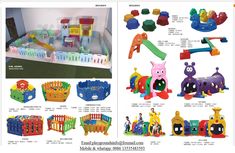 an advertisement for children's toys and play equipment, including plastic slides and playsets