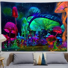 an image of colorful mushrooms in the night sky tapestry wall hanging art print on canvas