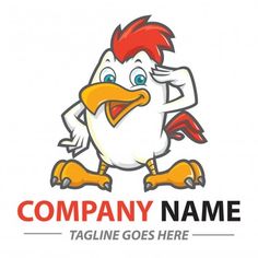 a chicken with red hair and blue eyes is standing in front of the company name