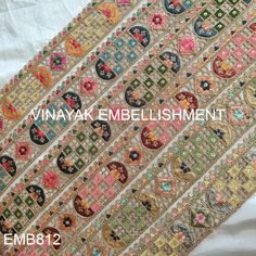 "This listing is for Multi color Thread work Embroidery on fabric trim by the yard.  These beautiful embroidery trim  embroidered with multi-color thread, golden thread and flowery pattern work on dhupion fabric . **Dimension** Width: Approx. 5 cm (2\"  ) (Refer photo) Total Length:  1 Yard ( 36\") Color : Multi color ( Refer Photo) This beautiful Lace can be used for designing stylish blouses, shrugs, skirts, tunics, festive wear, wedding wear and dresses, Denim embellishment, Table Runner, Junk journals, Scrap booking, making of pillow covers, boho bags and many more..  Keep in mind screen resolutions are set differently so the color might vary from original, but in most cases very close. All items are from a clean non-smoking environment. Thank you for browsing and please contact me wit Gold Embroidered Fabric For Festival, Bollywood Style Embroidered Fabric With Gold Embroidery For Festivals, Gold Bollywood Embroidered Fabric For Festivals, Gold Bohemian Embroidered Fabric For Festivals, Bollywood Embroidered Fabric With Gold Embroidery For Festivals, Bohemian Gold Embroidered Fabric For Diwali, Bohemian Beige Embroidered Fabric, Bohemian Multicolor Embroidered Fabric With Border, Bohemian Embroidered Fabric With Multicolor Border