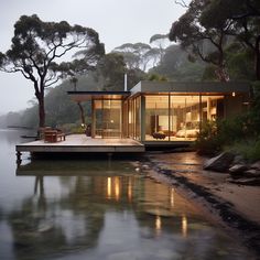 a house sitting on top of a body of water next to a lush green forest