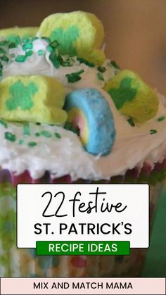 a cupcake with white frosting and green sprinkles on it is featured for the st patrick's recipe ideas