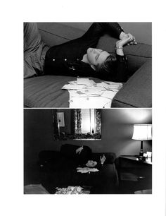 black and white photos of a woman laying on a couch with her head resting on the armrest