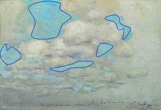 an abstract painting with blue shapes floating in the air on a gray background and white clouds